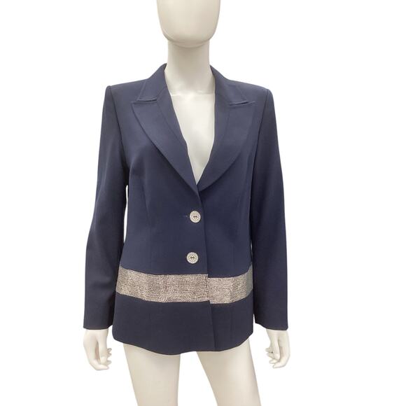 Escada Blazer Women’s Size 12 New Wool Elastane Blend Silver Beads Navy Blue